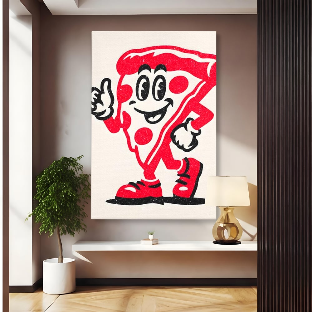Tablou canvas cu ilustratie retro cu felie de pizza, fara rama, pe sasiu de lemn